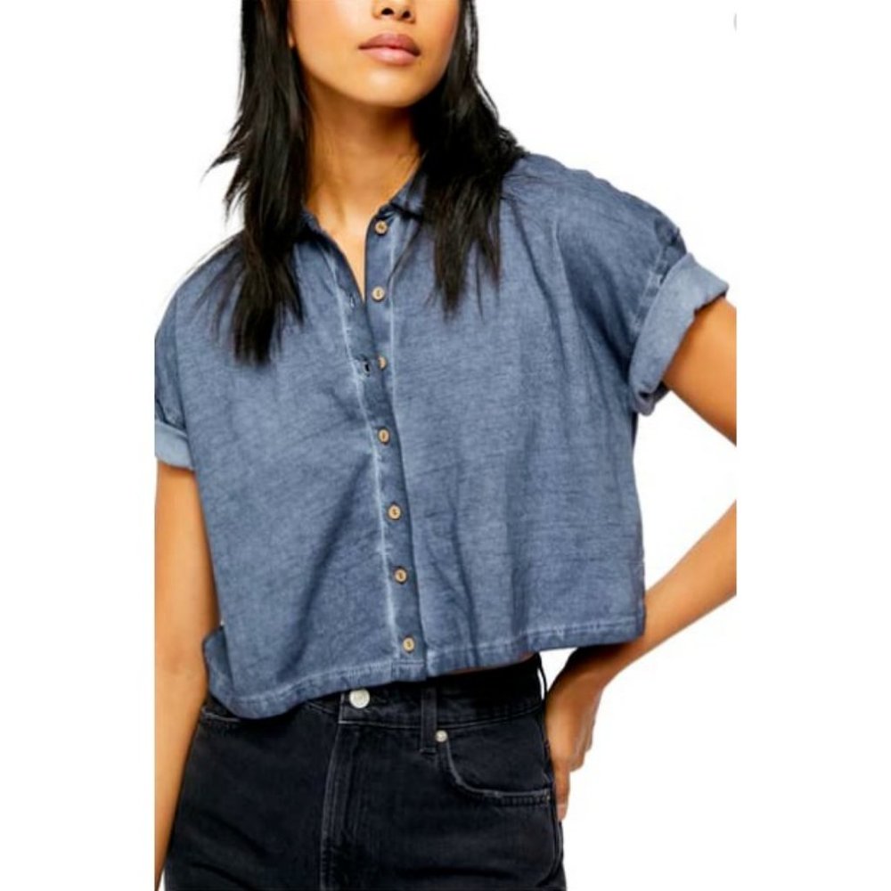 Free People $58 Weekend Rush Short Sleeve Top Navy